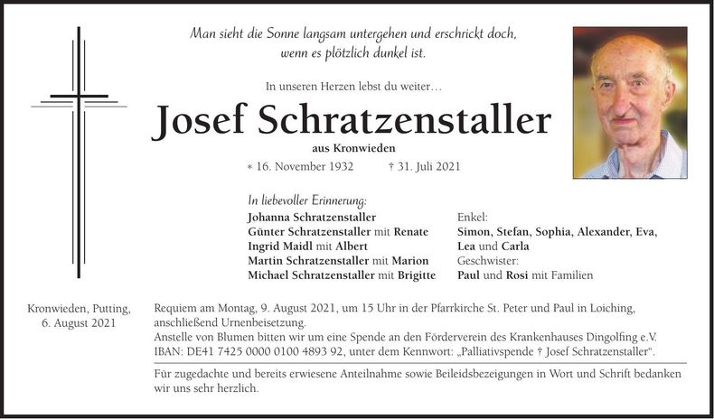 Traueranzeige Josef Schratzenstaller