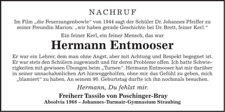 Traueranzeige Hermann Entmooser