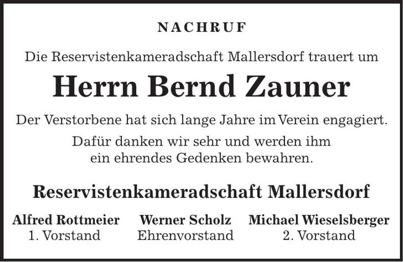 Traueranzeige Bernd Zauner