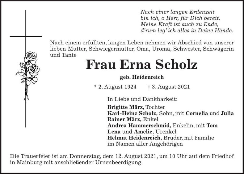 Traueranzeige Erna Scholz