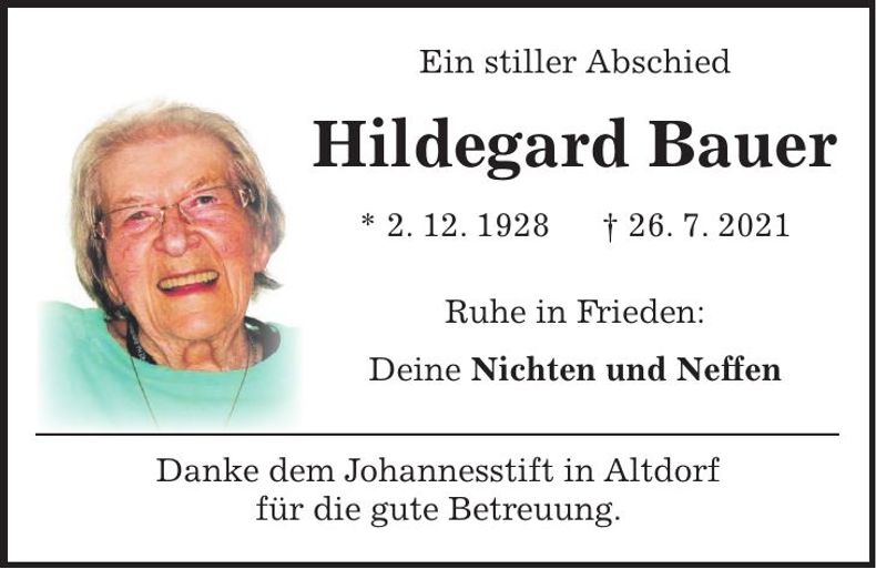 Traueranzeige Hildegard Bauer