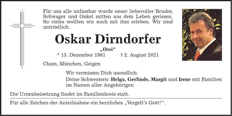 Traueranzeige Oskar Dirndorfer
