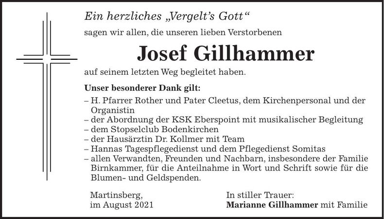 Traueranzeige Josef Gillhammer