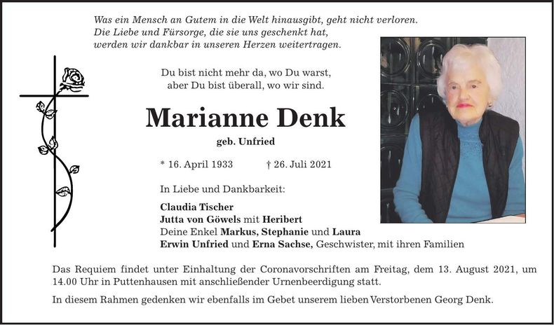 Traueranzeige Marianne Denk
