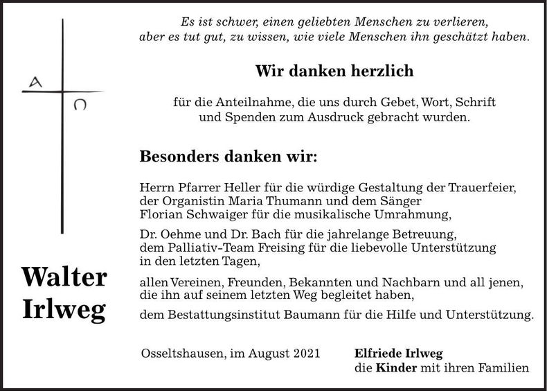 Traueranzeige Walter Irlweg