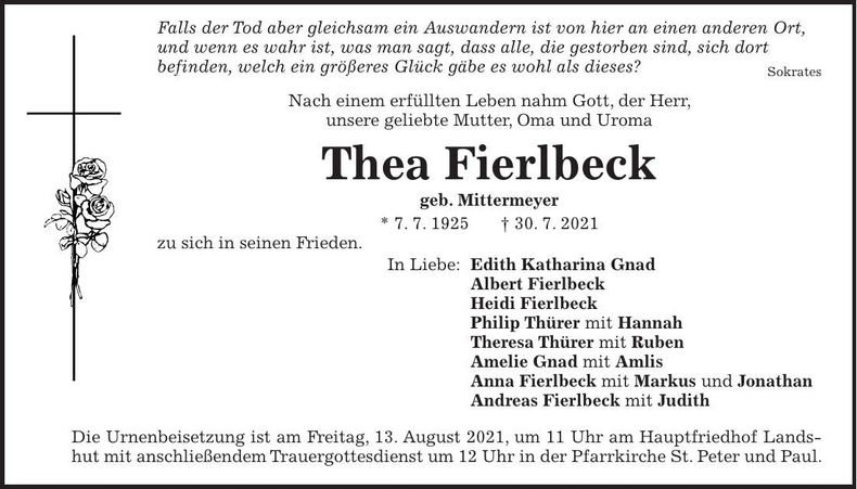 Traueranzeige Thea Fierlbeck