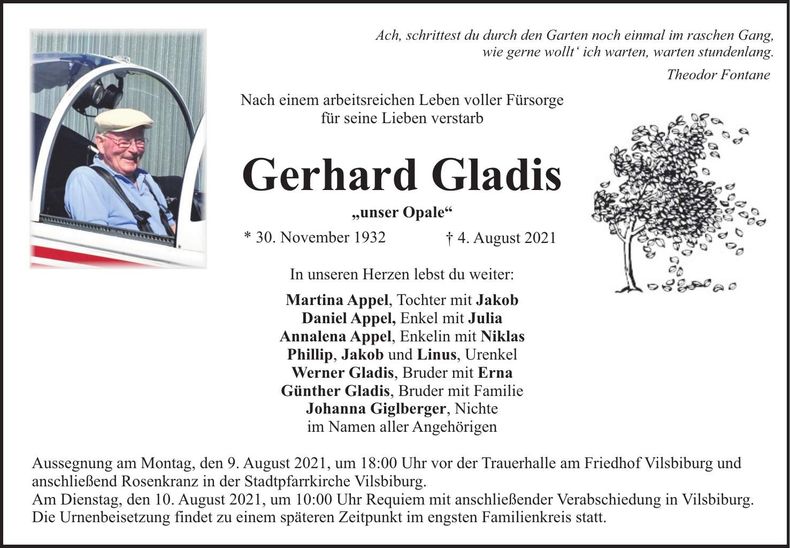 Traueranzeige Gerhard Gladis