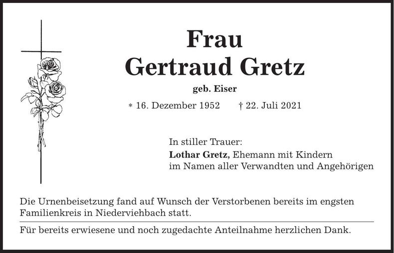 Traueranzeige Gertraud Gretz
