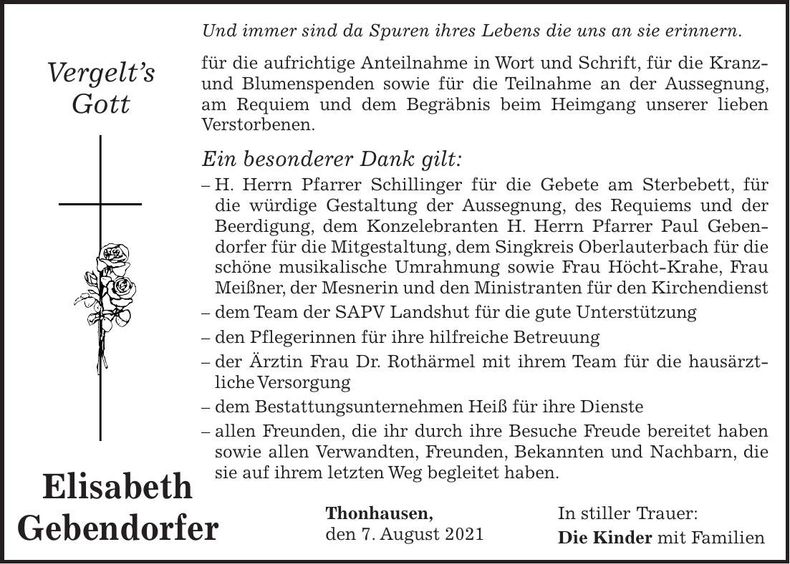 Traueranzeige Elisabeth Gebendorfer