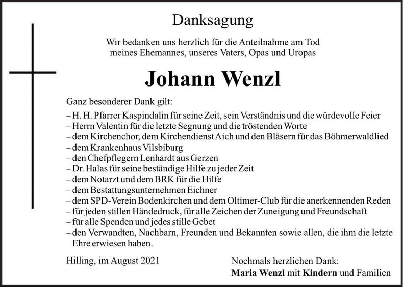 Traueranzeige Johann Wenzl