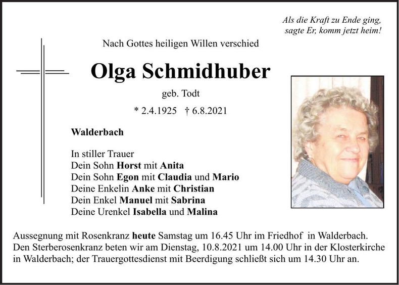 Traueranzeige Olga Schmidhuber