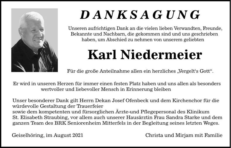 Traueranzeige Karl Niedermeier