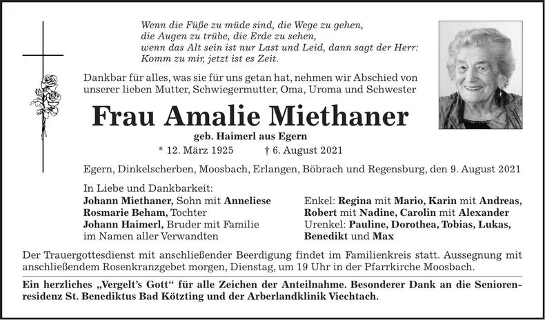Traueranzeige Amalie Miethaner