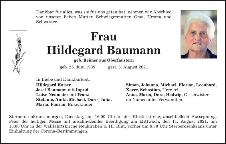 Traueranzeige Hildegard Baumann