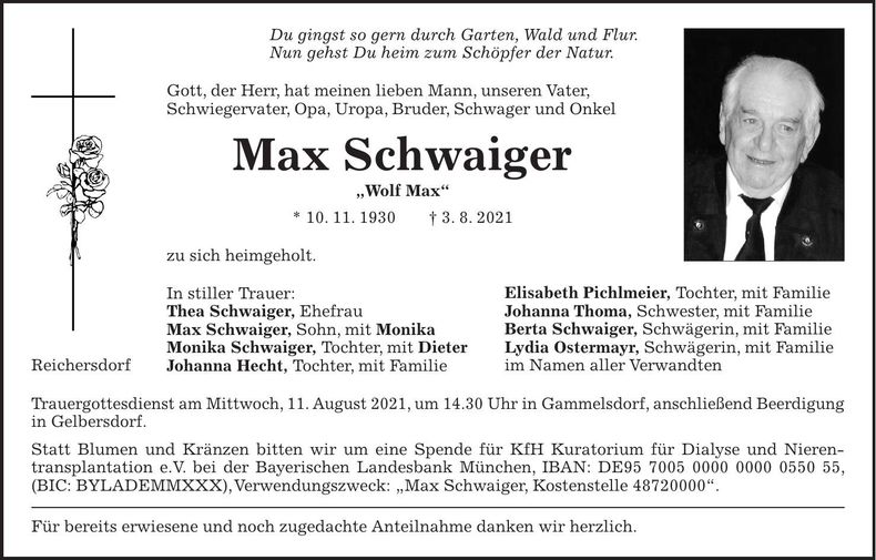 Traueranzeige Max Schwaiger