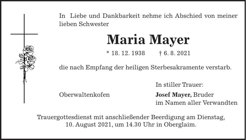 Traueranzeige Maria Mayer