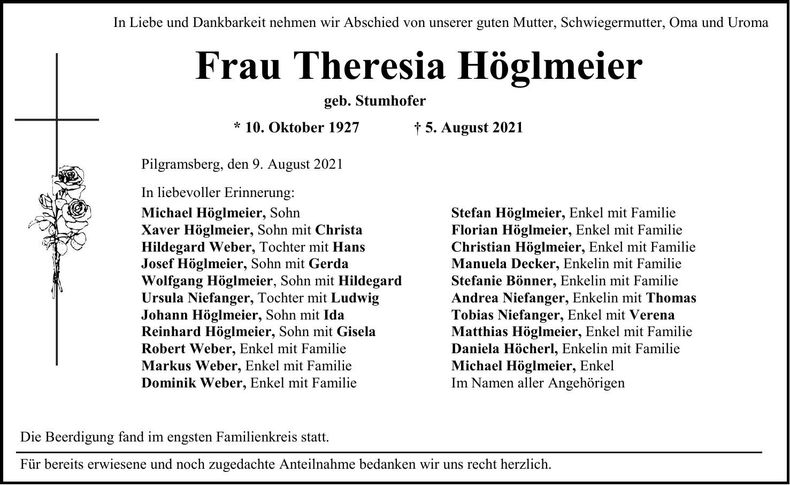 Traueranzeige Theresia Höglmeier