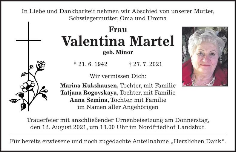 Traueranzeige Valentina Martel