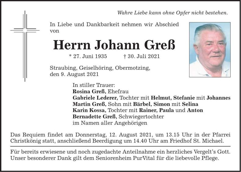 Traueranzeige Johann Greß