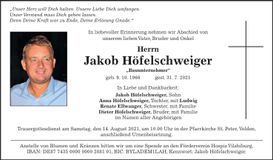 Traueranzeige Jakob Höfelschweiger
