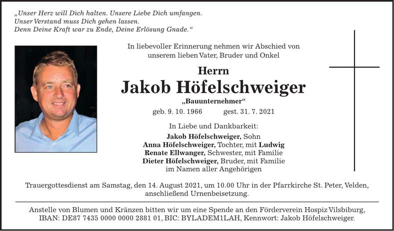 Traueranzeige Jakob Höfelschweiger