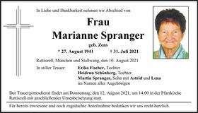 Traueranzeige Marianne Spranger