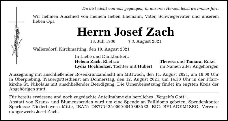 Traueranzeige Josef Zach