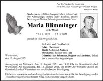 Traueranzeige Maria Blimminger
