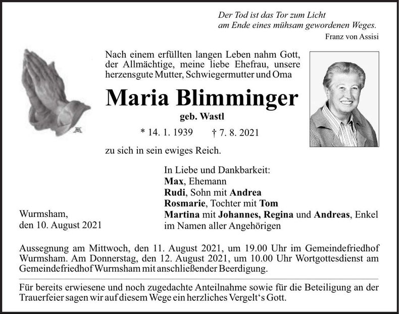 Traueranzeige Maria Blimminger