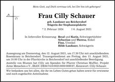 Traueranzeige Cilly Schauer