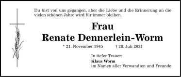Traueranzeige Renate Dennerlein Worm