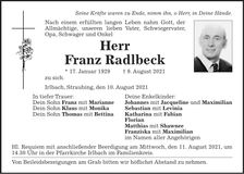 Traueranzeige Franz Radlbeck