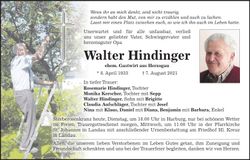 Traueranzeige Walter Hindinger
