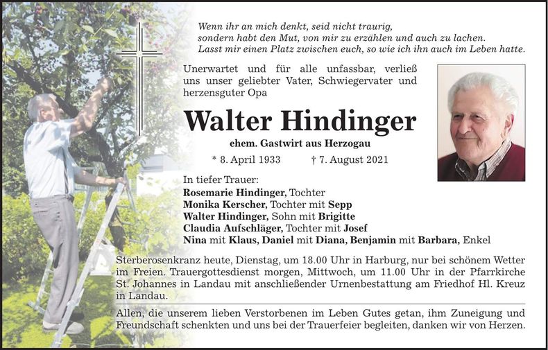 Traueranzeige Walter Hindinger