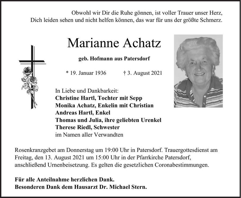 Traueranzeige Marianne Achatz