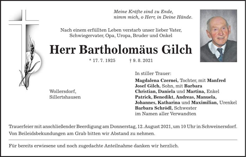 Traueranzeige Bartholomäus Gilch