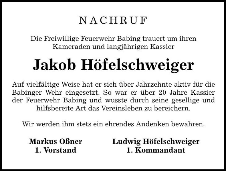 Traueranzeige Jakob Höfelschweiger