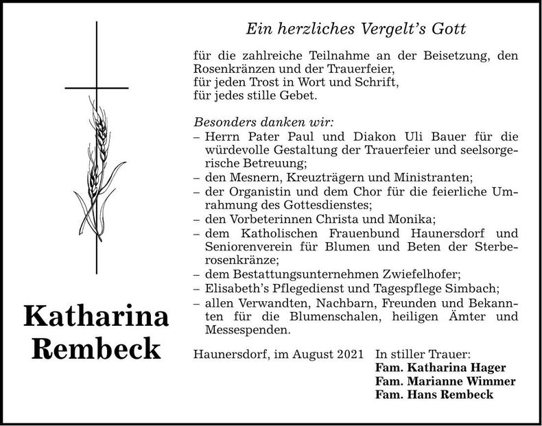 Traueranzeige Katharina Rembeck