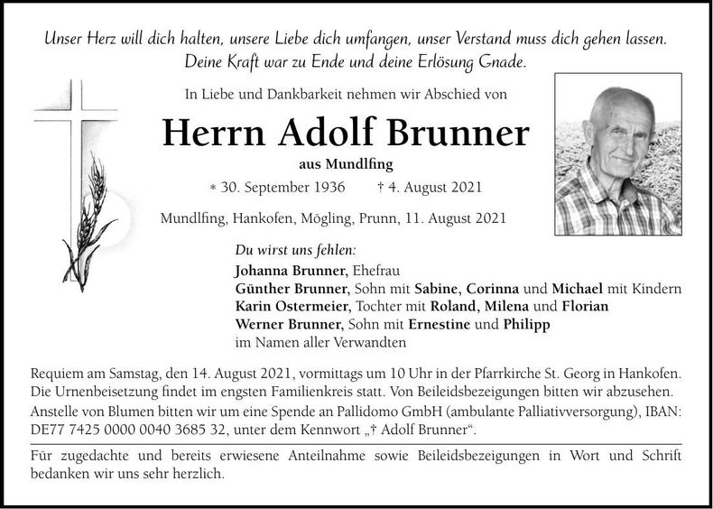 Traueranzeige Adolf Brunner
