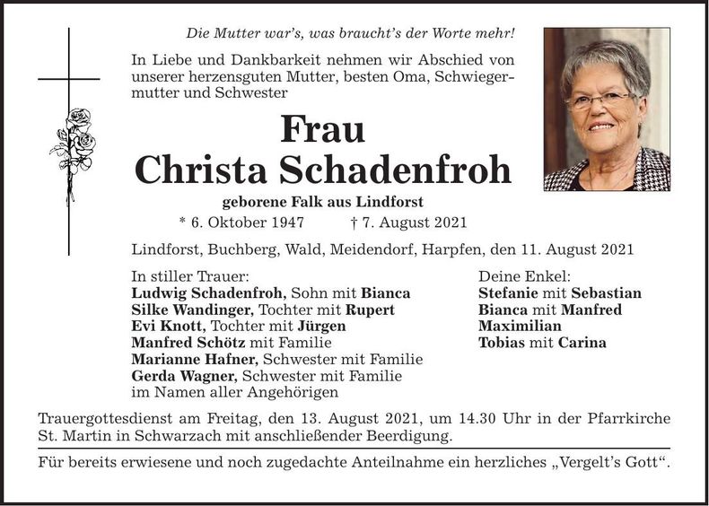 Traueranzeige Christa Schadenfroh