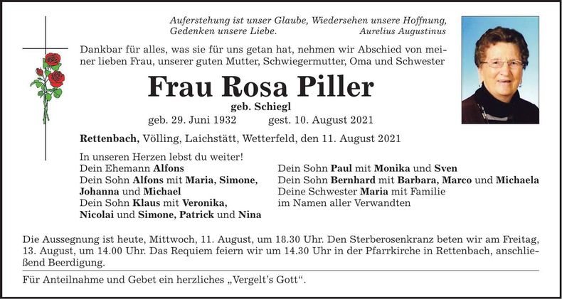 Traueranzeige Rosa Piller