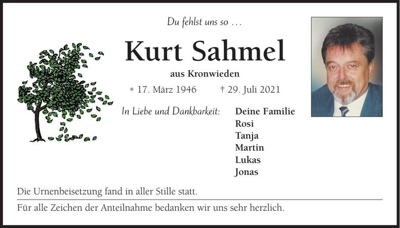 Traueranzeige Kurt Sahmel