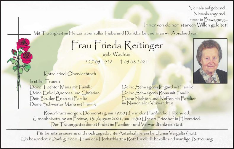 Traueranzeige Frieda Reitinger