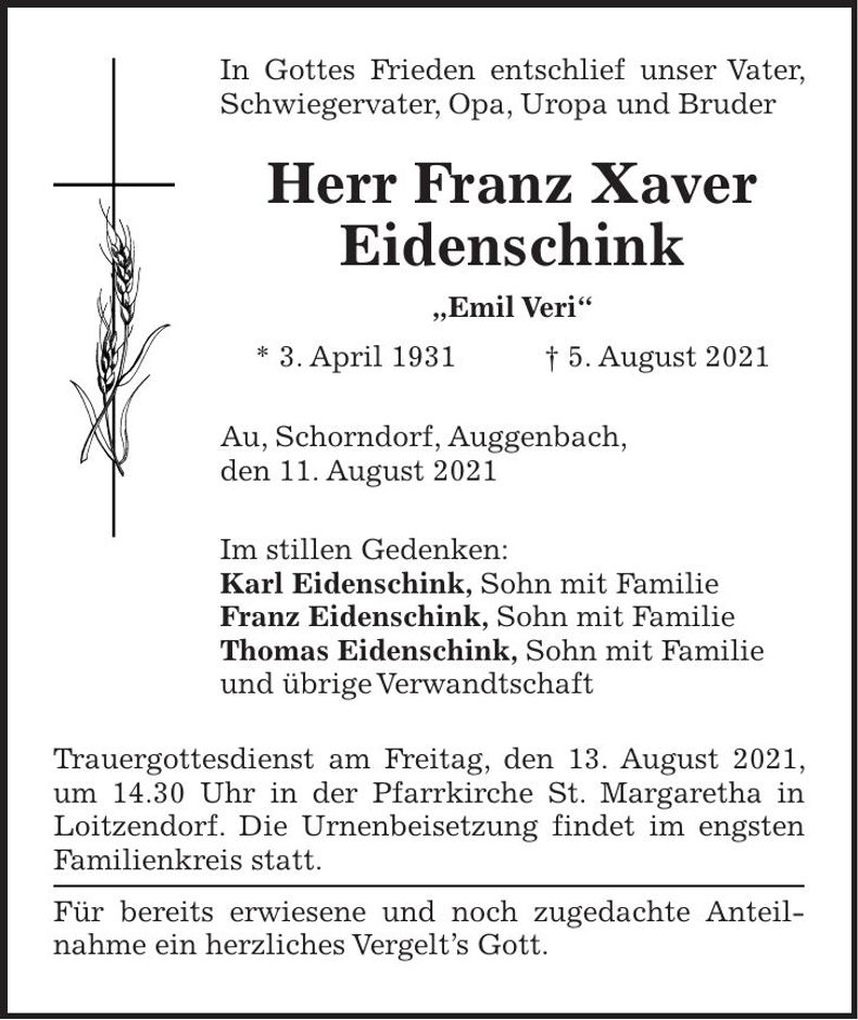 Traueranzeige Franz Xaver Eidenschink