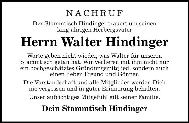 Traueranzeige Walter Hindinger