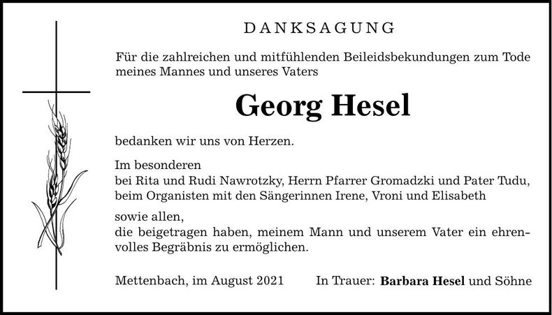 Traueranzeige Georg Hesel