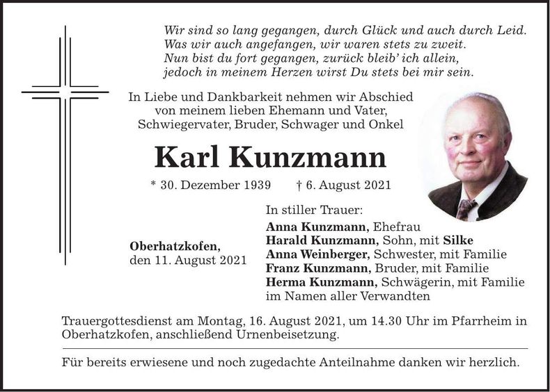 Traueranzeige Karl Kunzmann