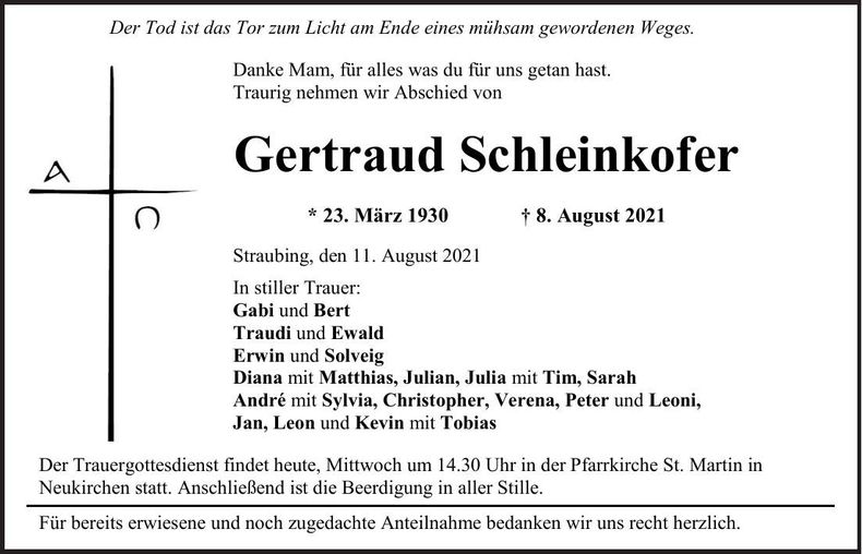 Traueranzeige Gertraud Schleinkofer