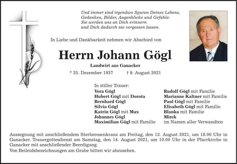 Traueranzeige Johann Gögl