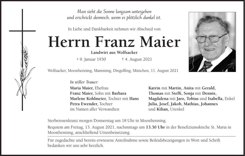 Traueranzeige Franz Maier